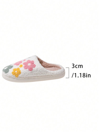 Fashionable & Cute Floral Pattern Soft Comfortable Non-Slip Durable Warm House Slippers For Winter White