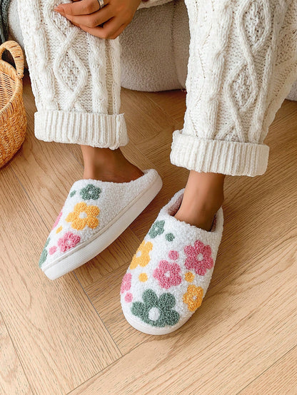 Fashionable & Cute Floral Pattern Soft Comfortable Non-Slip Durable Warm House Slippers For Winter White