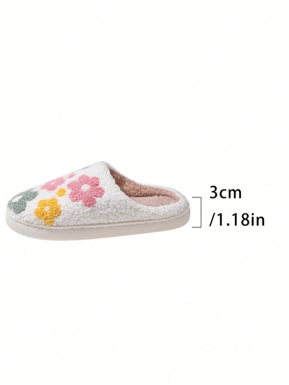 Fashionable & Cute Floral Pattern Soft Comfortable Non-Slip Durable Warm House Slippers For Winter White