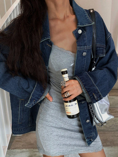 DAZY Women's Drop Shoulder Long Sleeve Pocket Loose Casual Denim Jacket, Spring Autumn Dark Wash