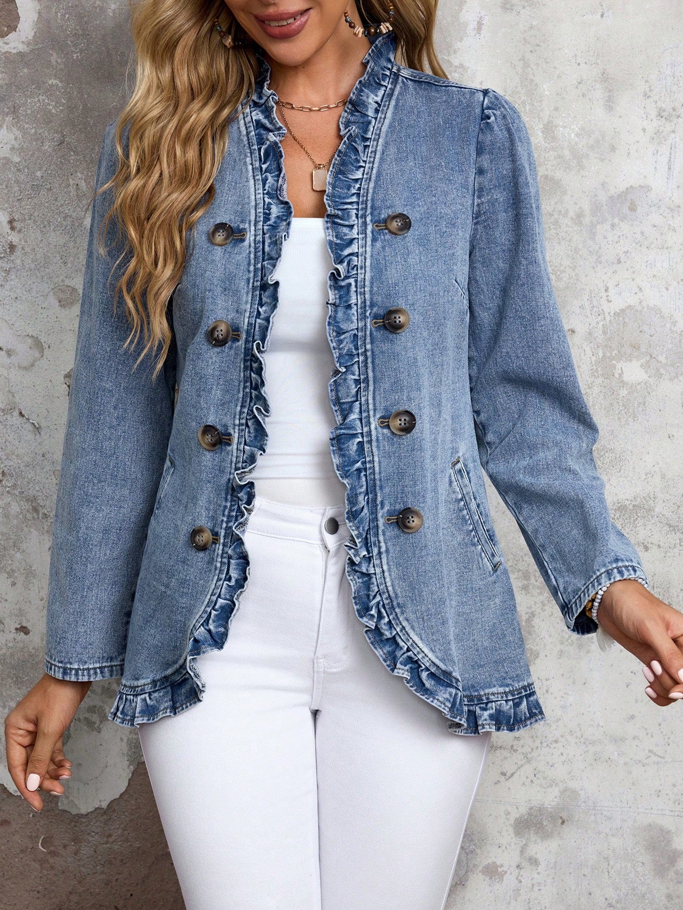 EMERY ROSE Women's Solid Color Double-Breasted Ruffled Hem Casual Long Sleeve Denim Jacket & Coat  Thickened Denim Blue