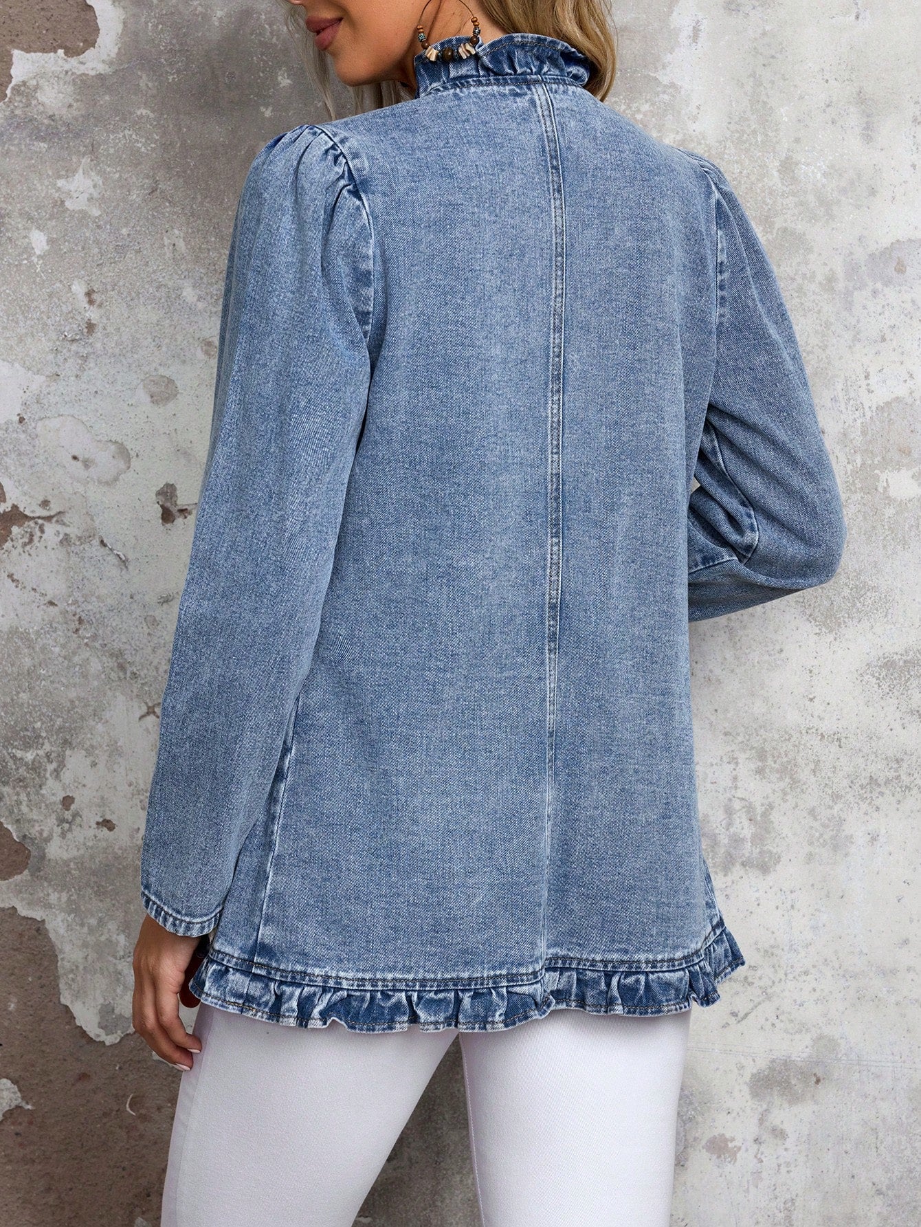 EMERY ROSE Women's Solid Color Double-Breasted Ruffled Hem Casual Long Sleeve Denim Jacket & Coat  Thickened Denim Blue