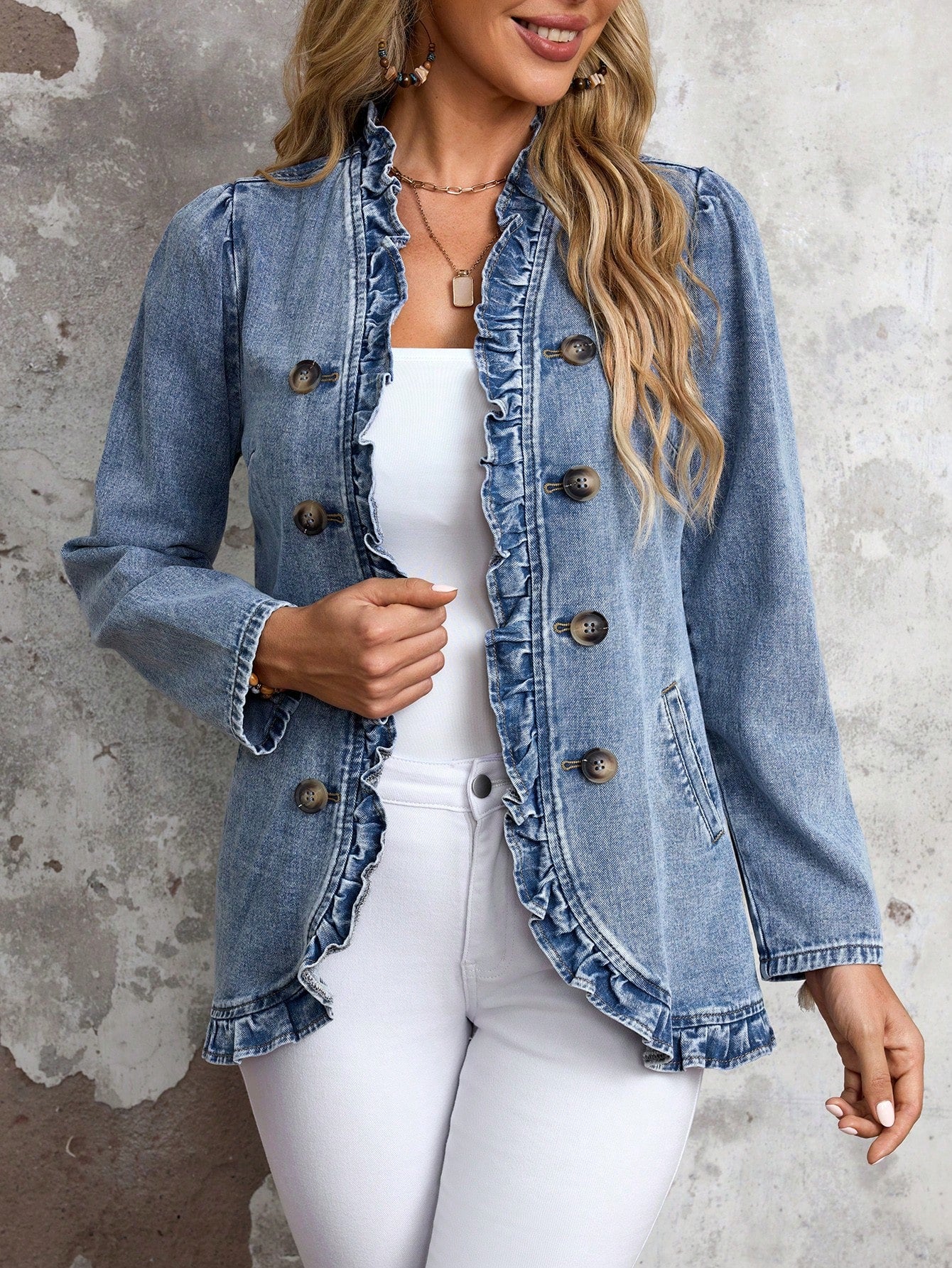 EMERY ROSE Women's Solid Color Double-Breasted Ruffled Hem Casual Long Sleeve Denim Jacket & Coat  Thickened Denim Blue