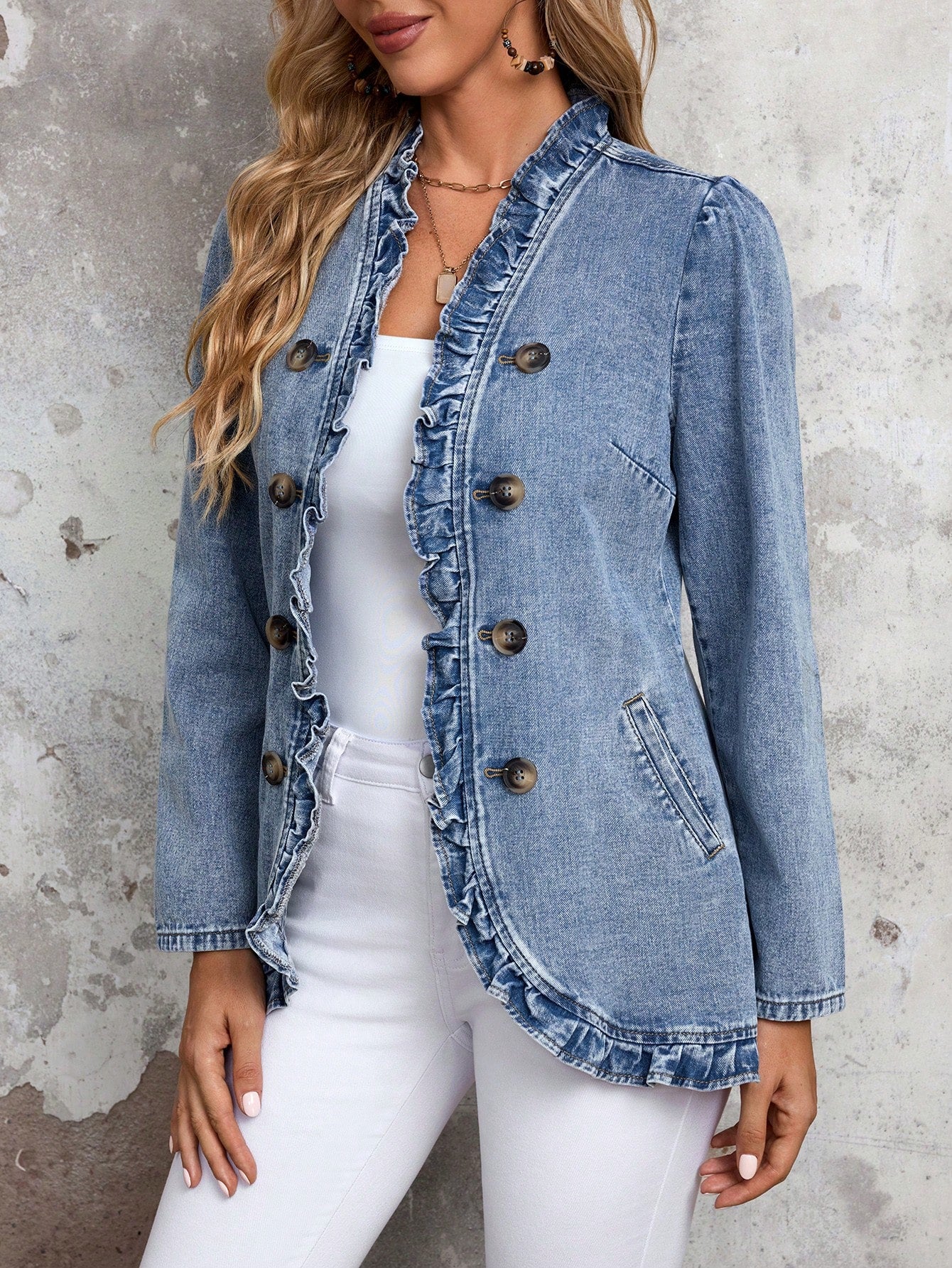 EMERY ROSE Women's Solid Color Double-Breasted Ruffled Hem Casual Long Sleeve Denim Jacket & Coat  Thickened Denim Blue