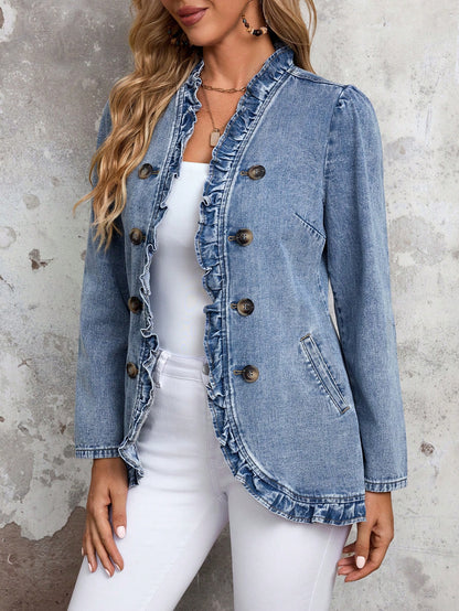 EMERY ROSE Women's Solid Color Double-Breasted Ruffled Hem Casual Long Sleeve Denim Jacket & Coat  Thickened Denim Blue