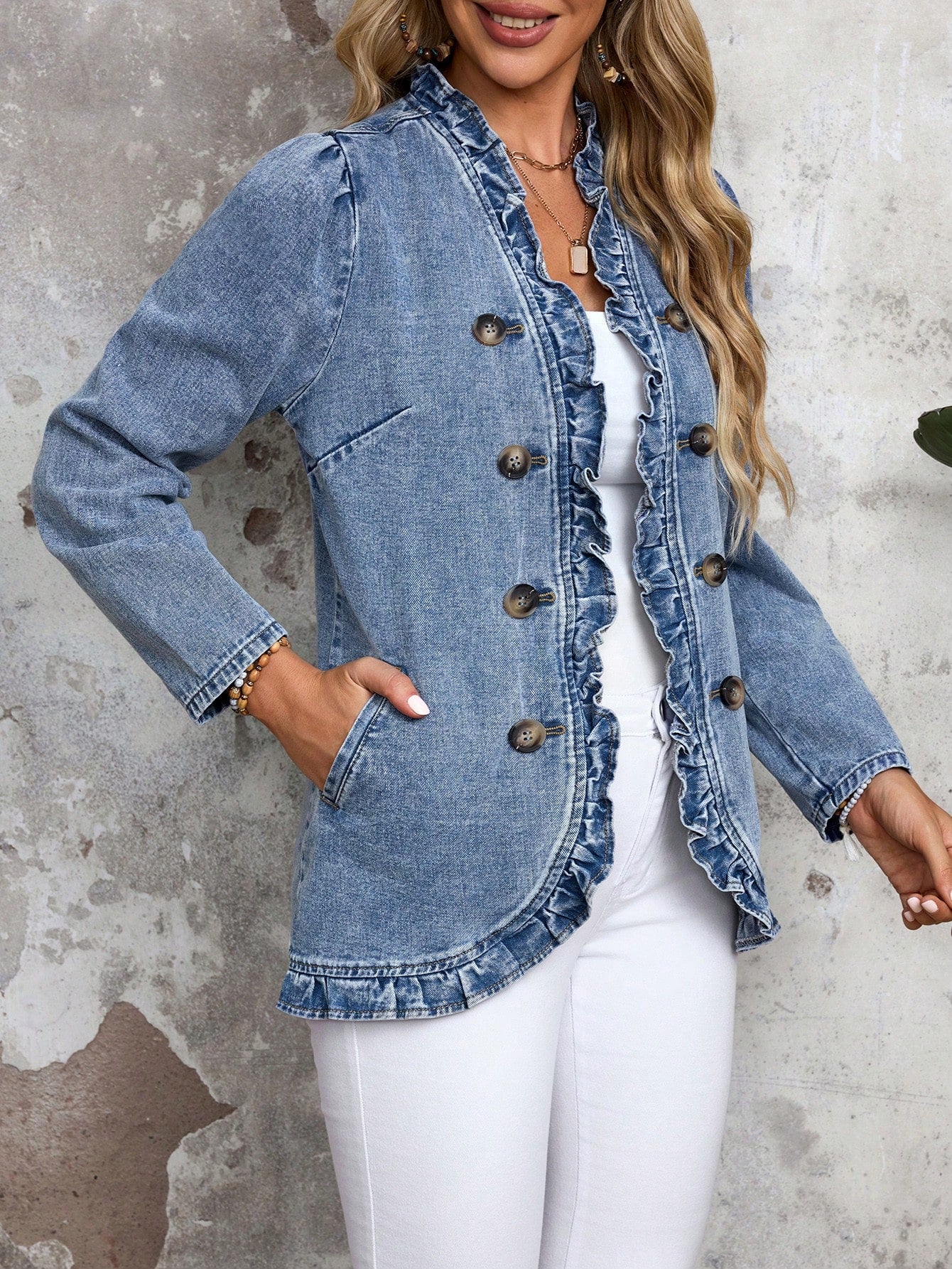 EMERY ROSE Women's Solid Color Double-Breasted Ruffled Hem Casual Long Sleeve Denim Jacket & Coat  Thickened Denim Blue