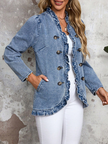 EMERY ROSE Women's Solid Color Double-Breasted Ruffled Hem Casual Long Sleeve Denim Jacket & Coat  Thickened Denim Blue