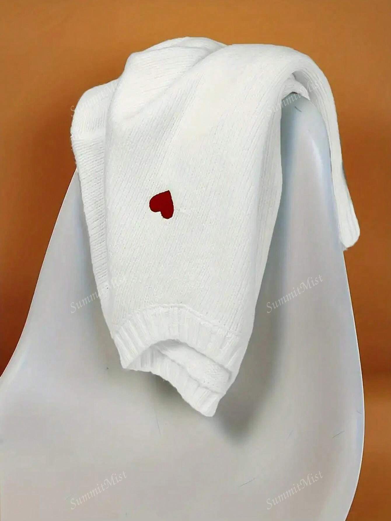 Heart-Shaped Pattern Drop Shoulder Sweater, Versatile Crew Neck Long Sleeve Pullover Sweater, Suitable For Winter And Autumn, Women Valentine's Day White