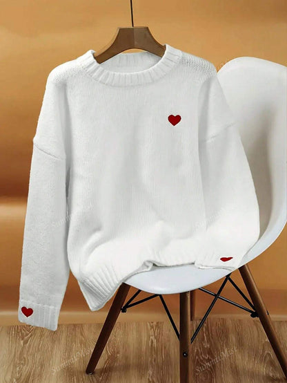 Heart-Shaped Pattern Drop Shoulder Sweater, Versatile Crew Neck Long Sleeve Pullover Sweater, Suitable For Winter And Autumn, Women Valentine's Day White