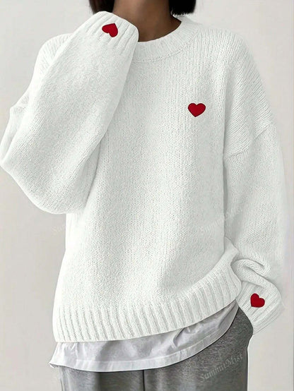 Heart-Shaped Pattern Drop Shoulder Sweater, Versatile Crew Neck Long Sleeve Pullover Sweater, Suitable For Winter And Autumn, Women Valentine's Day White