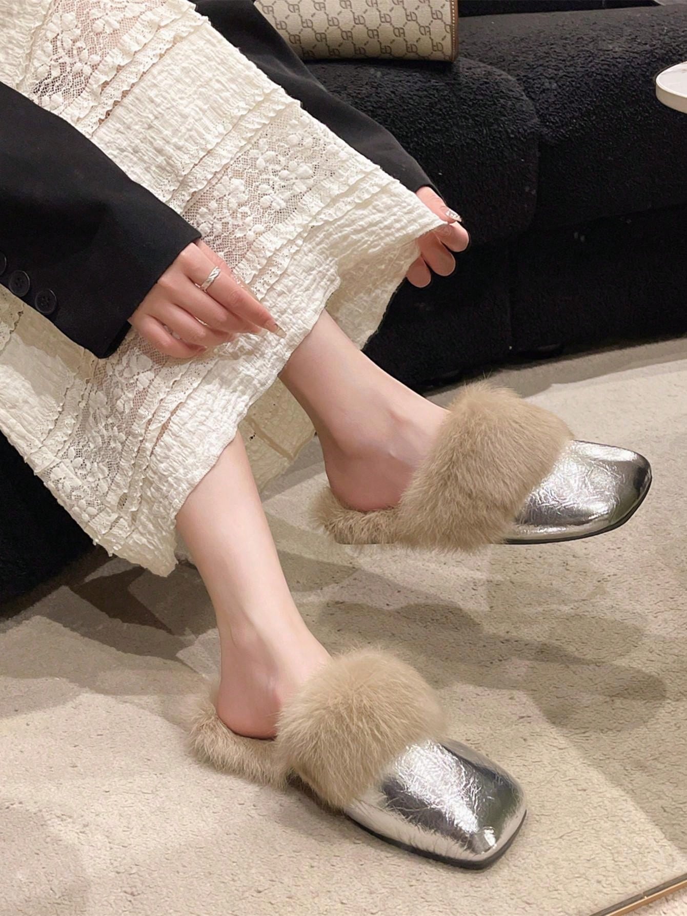 Casual Slip On Mule Slippers For Women, New Round Toe Fluffy Slip-On Slippers, Fashionable Outdoor Wear, Autumn/Winter Silver