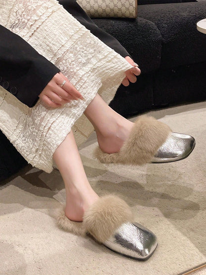 Casual Slip On Mule Slippers For Women, New Round Toe Fluffy Slip-On Slippers, Fashionable Outdoor Wear, Autumn/Winter Silver