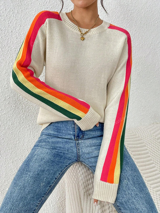 Women's Colorful Rainbow Striped Casual Crewneck Sweater Long-SleeveTops,Autumn And Winter Beige