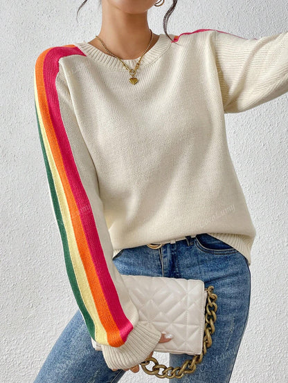 Women's Colorful Rainbow Striped Casual Crewneck Sweater Long-SleeveTops,Autumn And Winter Beige