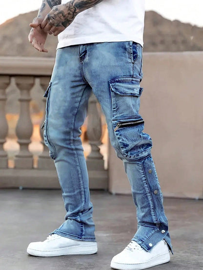 Men's Casual Multi-Pocket Denim Pants, Fashionable And Simple Daily Wear Light Wash