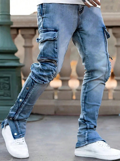 Men's Casual Multi-Pocket Denim Pants, Fashionable And Simple Daily Wear Light Wash