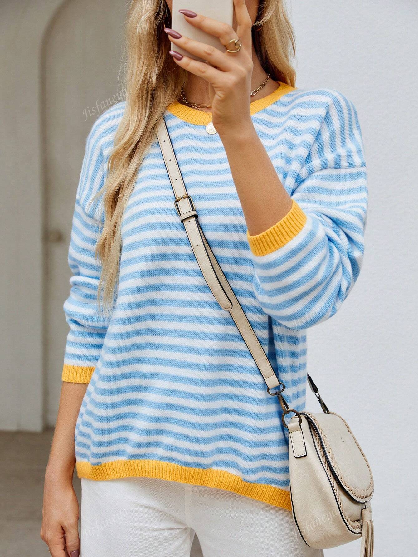 Women's Striped Casual Knit Sweater, Fall/Winter Blue