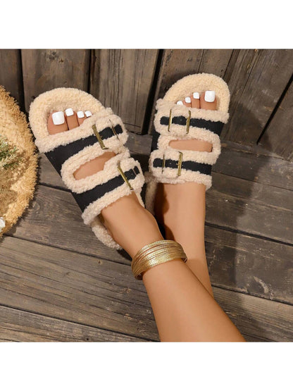 Women Double Breasted Hollow Open Toe Flat Home Slippers, Cozy Fuzzy Slip On Sandals For Autumn/Winter Black