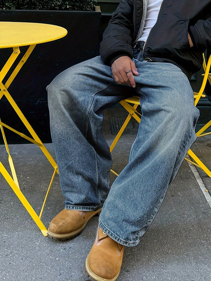 Men's Retro Loose Fit Jeans, Versatile Casual, Suitable For All Seasons Blue