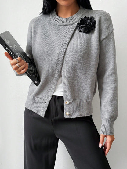 SHEIN LUNE Women's Casual 3D Floral Decorative Crew Neck Dropped Shoulder Long Sleeve Sweater, Autumn & Winter,Long Sleeve Tops Dark Grey