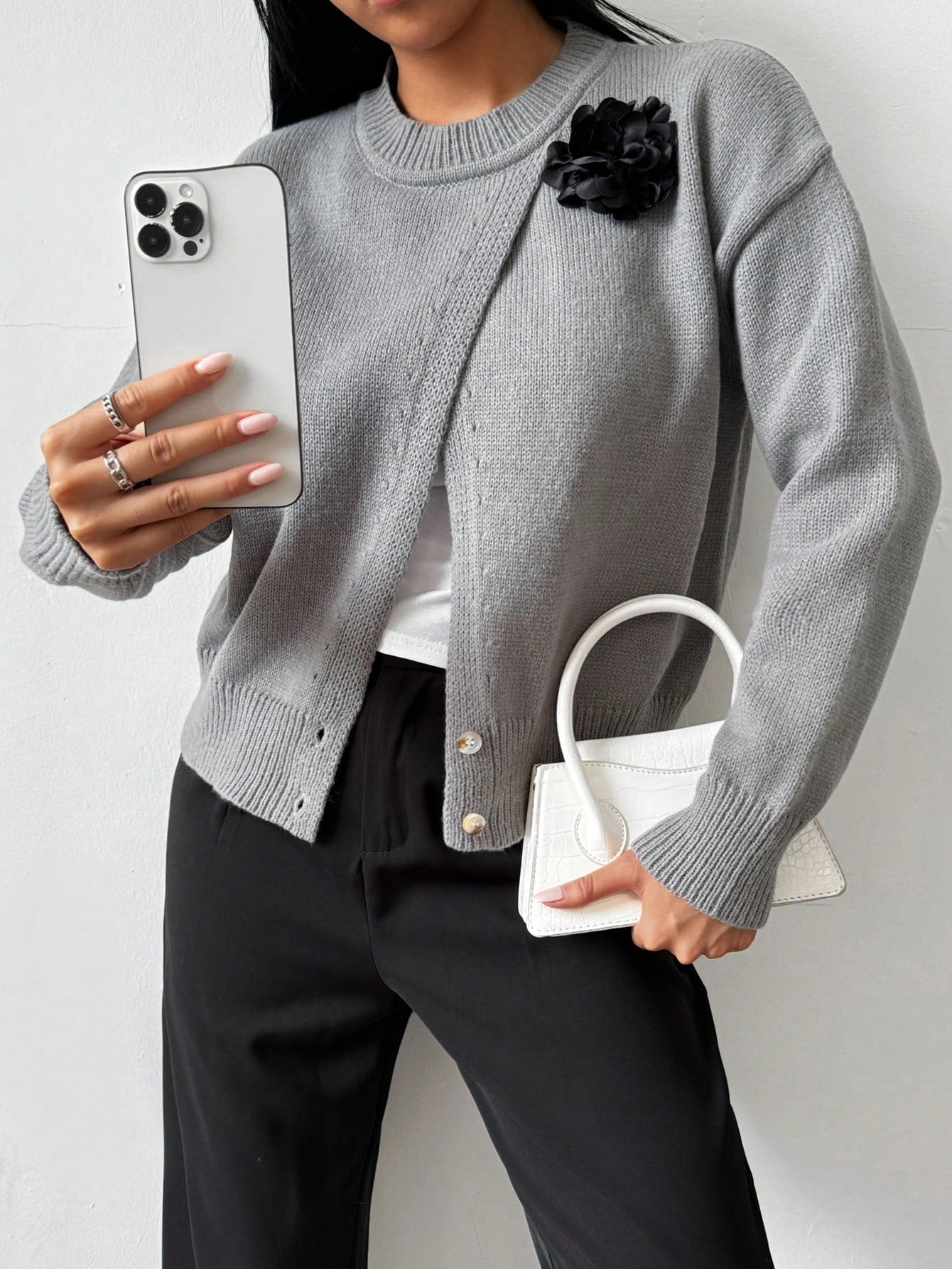 SHEIN LUNE Women's Casual 3D Floral Decorative Crew Neck Dropped Shoulder Long Sleeve Sweater, Autumn & Winter,Long Sleeve Tops Dark Grey