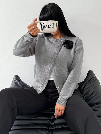 SHEIN LUNE Women's Casual 3D Floral Decorative Crew Neck Dropped Shoulder Long Sleeve Sweater, Autumn & Winter,Long Sleeve Tops Dark Grey