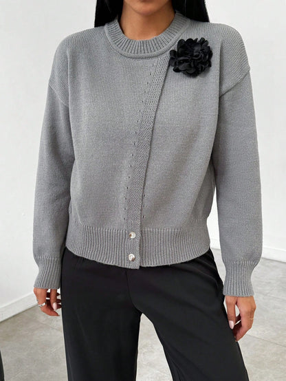 SHEIN LUNE Women's Casual 3D Floral Decorative Crew Neck Dropped Shoulder Long Sleeve Sweater, Autumn & Winter,Long Sleeve Tops Dark Grey