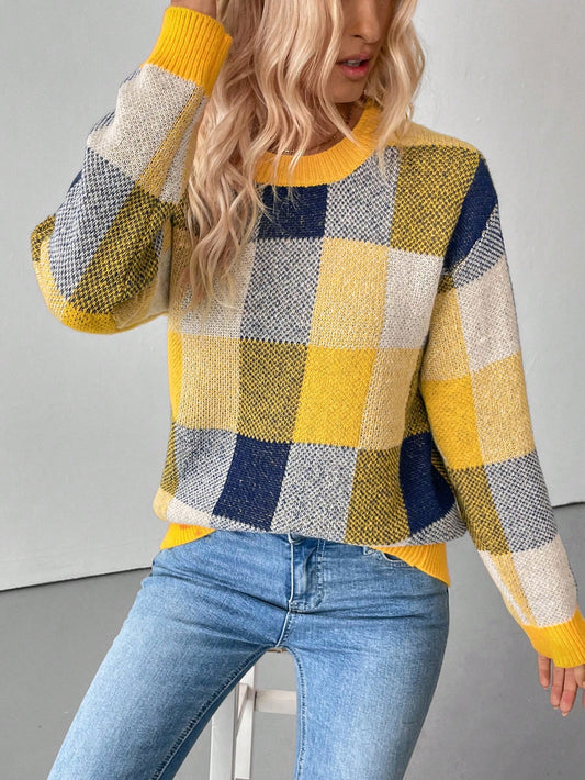 SHEIN LUNE Women's Plaid Round Neck Drop Shoulder Long Sleeve Casual Pullover Sweater, Autumn/Winter Yellow