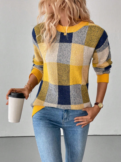 SHEIN LUNE Women's Plaid Round Neck Drop Shoulder Long Sleeve Casual Pullover Sweater, Autumn/Winter Yellow
