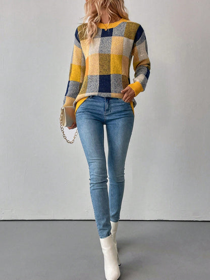 SHEIN LUNE Women's Plaid Round Neck Drop Shoulder Long Sleeve Casual Pullover Sweater, Autumn/Winter Yellow