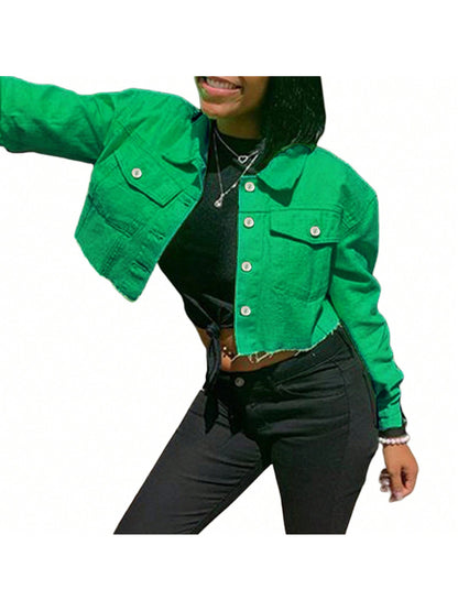 Women's Denim Short Coat, Solid Color Long Sleeve Lapel Jacket Button Down Distressed Hem Crop Jeans Coat Green