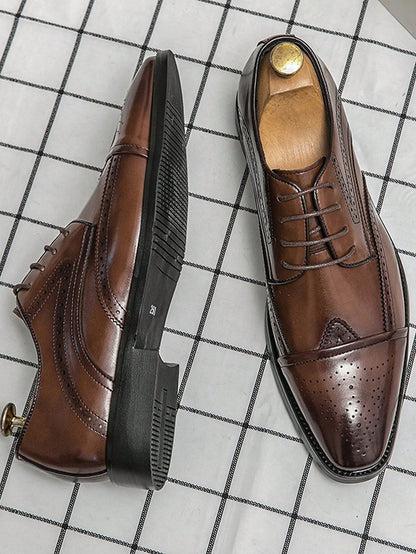 Men's Formal Brogue Carved PU Leather Shoes For Business Office, Saturday Night, Banquet, Wedding Party, Groom, Large Size, European And American Style Brown