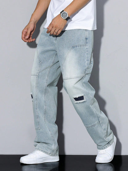 Manfinity RivetRise Men's Simple Ripped Pocket Jeans, Casual Daily Wear Light Wash