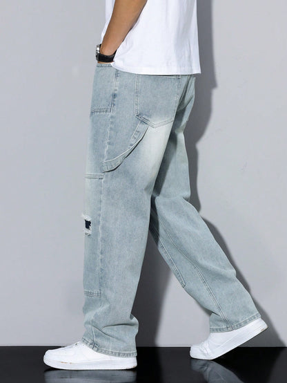 Manfinity RivetRise Men's Simple Ripped Pocket Jeans, Casual Daily Wear Light Wash