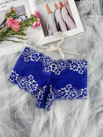 1pc Women's Sexy Lace Crotchless Underwear, Provocative Sheer Panty For Intimate Nights, Suitable For Valentine's, Christmas, Clubbing Navy Blue