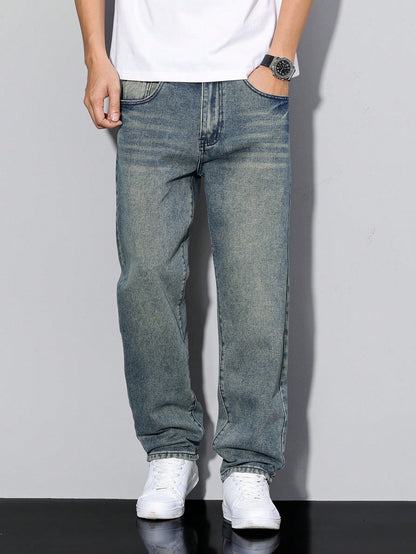 Manfinity Homme Men's Straight Loose Casual Versatile Jeans With Pockets Blue