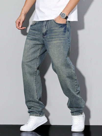Manfinity Homme Men's Straight Loose Casual Versatile Jeans With Pockets Blue