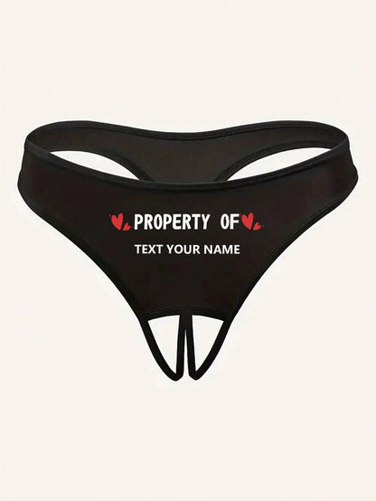 Women's Sexy Backless Custom Name/Letter Printed Thong Panties, Personalized Intimate Lingerie Black