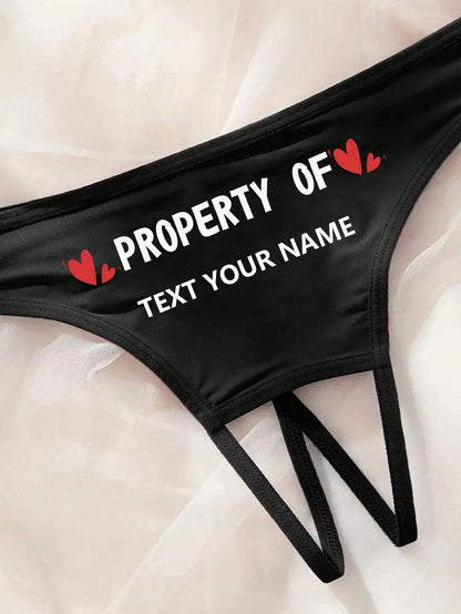 Women's Sexy Backless Custom Name/Letter Printed Thong Panties, Personalized Intimate Lingerie Black