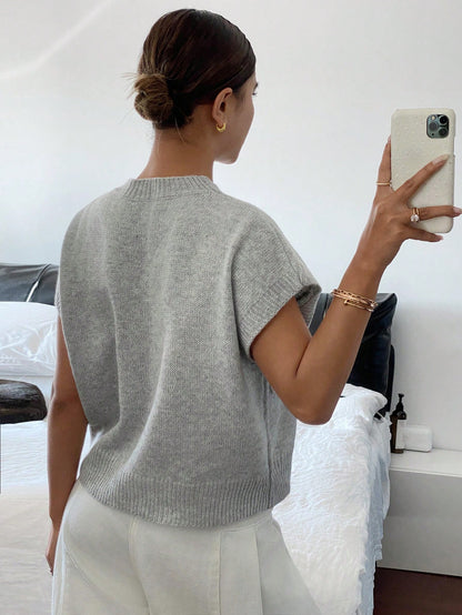 SHEIN Frenchy Women's Solid Color Knitted Casual Sweater, Simple & Fashionable, Everyday Wear,Women's Solid Gray Handmade Patterned Floral Knit Top,New Year's Sweater, Casual Sweater, Fall/Winter Clothing, Can Be Worn Outside/Inside,For Daily Wear Grey