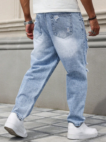 Manfinity EMRG Men's Loose Fit Ripped Washed Denim Jeans Light Wash