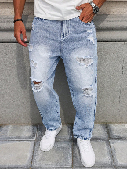 Manfinity EMRG Men's Loose Fit Ripped Washed Denim Jeans Light Wash