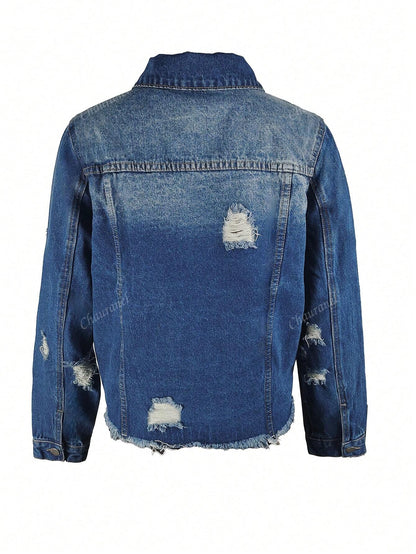 Women's Simple Solid Color Distressed Washed Denim Jacket Blue