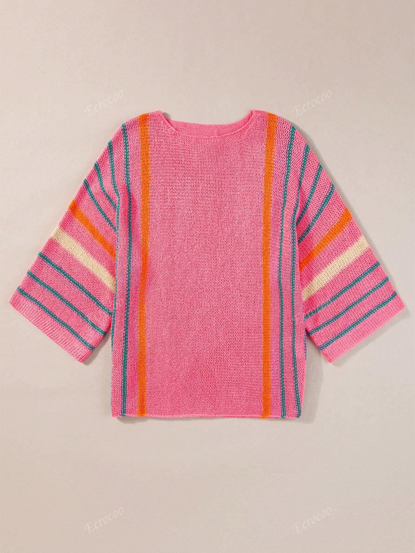 Women's Striped Detail Wide Sleeve Lightweight Knitted Sweater Pink