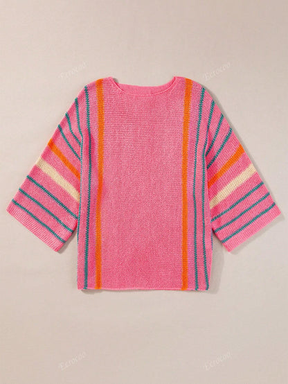 Women's Striped Detail Wide Sleeve Lightweight Knitted Sweater Pink