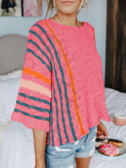 Women's Striped Detail Wide Sleeve Lightweight Knitted Sweater Pink