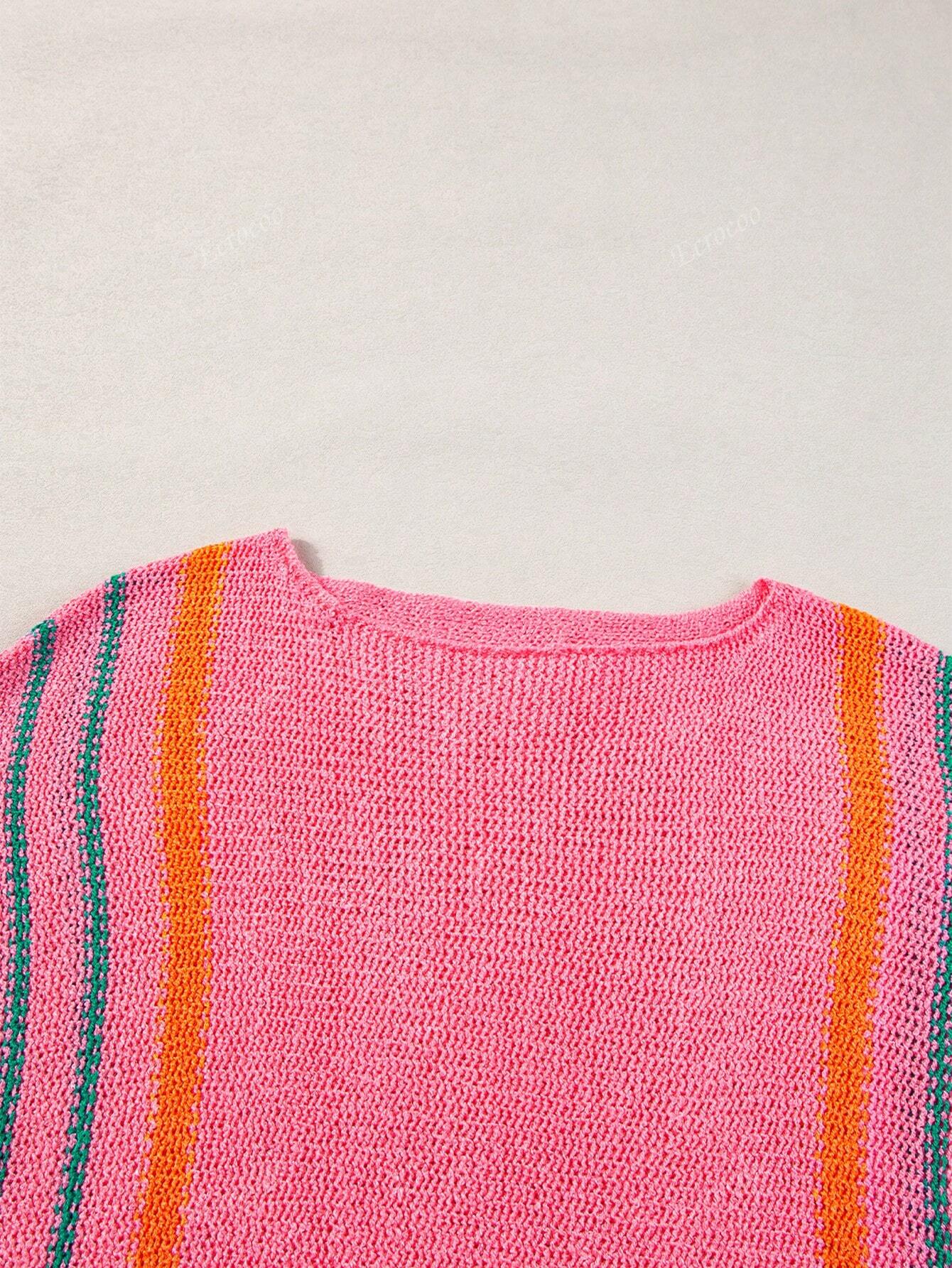 Women's Striped Detail Wide Sleeve Lightweight Knitted Sweater Pink