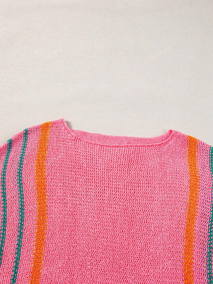 Women's Striped Detail Wide Sleeve Lightweight Knitted Sweater Pink