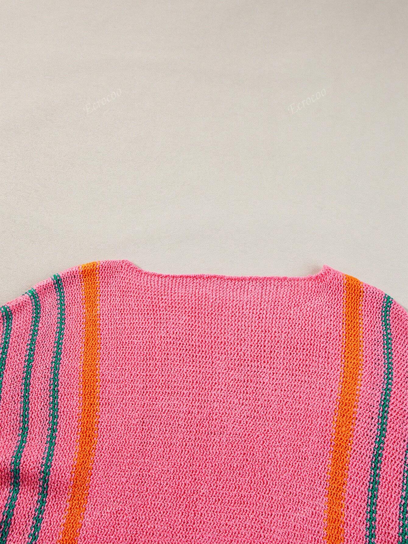Women's Striped Detail Wide Sleeve Lightweight Knitted Sweater Pink