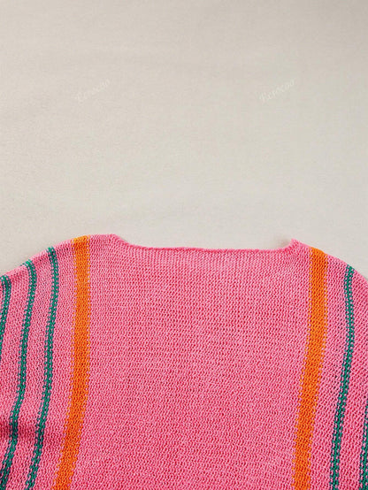 Women's Striped Detail Wide Sleeve Lightweight Knitted Sweater Pink